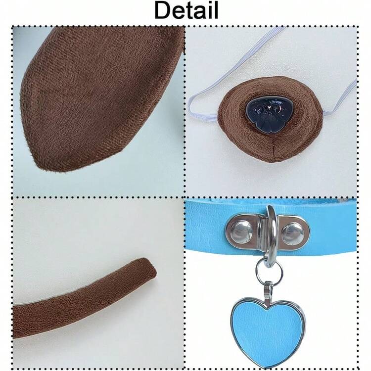 4Pcs Brown Puppy Dog Ears Headband Nose Tail With Blue Collar Animal Accories For Adult Halloween Party Supplies - 如圖 - 查看 3