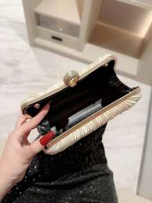 Women's Elegant Pleated Box Design Party Handbag, Luxury Rhinestone Clutch, Charming Formal Evening Bag Suitable For Date, Dance, Birthday, Party And Other Formal Occasions,Pleated Satin Design Box Shape Evening Clutch, Formal Banquet Handbag For Party, Formal Dress, Ball, Wedding