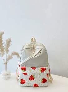 1 Pc New Style Girls' Strawberry Print Fabric Backpack With Adjustable Straps, Zipper Closure, Multifunctional Foldable Design, Perfect For Travel, School, Outdoor Activities, And Holiday Gifts