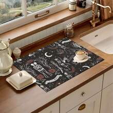 1 pieza Estera de secado para cocina con estampado de calavera y rosa, súper absorbente para ocultar manchas, con respaldo de goma, almohadilla multiusos para cafetera, encimeras, platos, absorbe el agua rápidamente