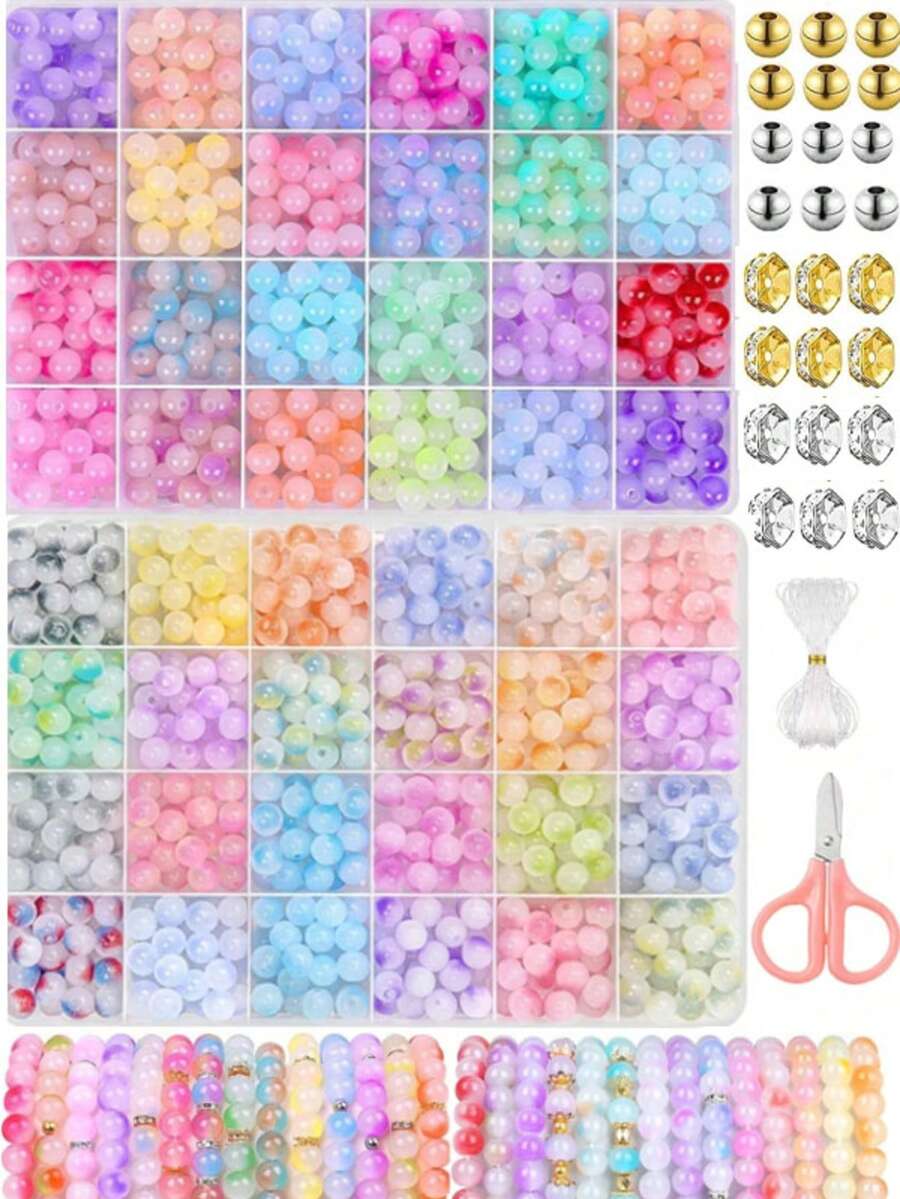 1 盒 8 毫米双色渐变玻璃珠珠宝制作套件，适用于 DIY 手镯、项链、耳环、工艺品和礼品（颜色随机）