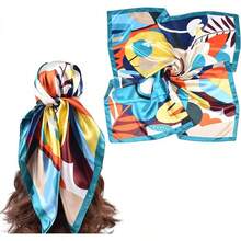 35 Inches Silk Head Scarf-Satin Hair Scarves Silk Bandana Scarf Headscarf For Women's Fashion Scarveshalloween - 彩色向日葵-藍色 - 查看 12
