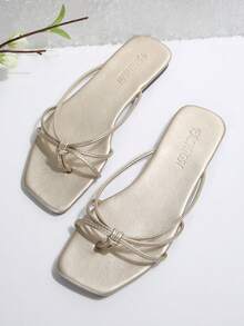 时尚女士人字拖 - 轻便、透气、露趾、平底、休闲夏季鞋，配有舒适鞋垫和可调节鞋带，方便行走 - 金色 - 查看 3