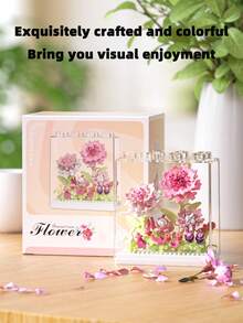 9种类型，1-4英寸创意花朵积木玩具，DIY花朵模型，DIY工艺花束，透明亚克力盒，ABS塑料，花朵积木套装，浪漫风格，形状包括康乃馨、玫瑰、郁金香、风信子、牡丹、向日葵、山茶花、栀子花，可堆叠积木玩具，玩具，礼物，