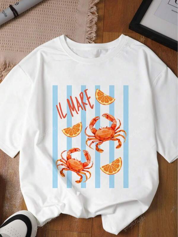 Women's Summer Beach Holiday Style Letter Print Crab Hawaiian Pattern Round Neck Short Sleeve T-Shirt Top Summer Clothing