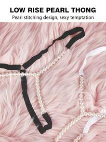 HaoQi 1 件女士珍珠丁字裤低腰内裤比基尼丁字裤内衣细带内裤三角裤性感内衣 - 黑色 - 查看 6