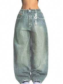 Women's Hip Hop Baggy Jeans Wide Leg Mid-Low Waist Jeans Loose Boyfriends Jeans 90s Vintage Denim Pants - 淺色水洗藍 - 查看 4