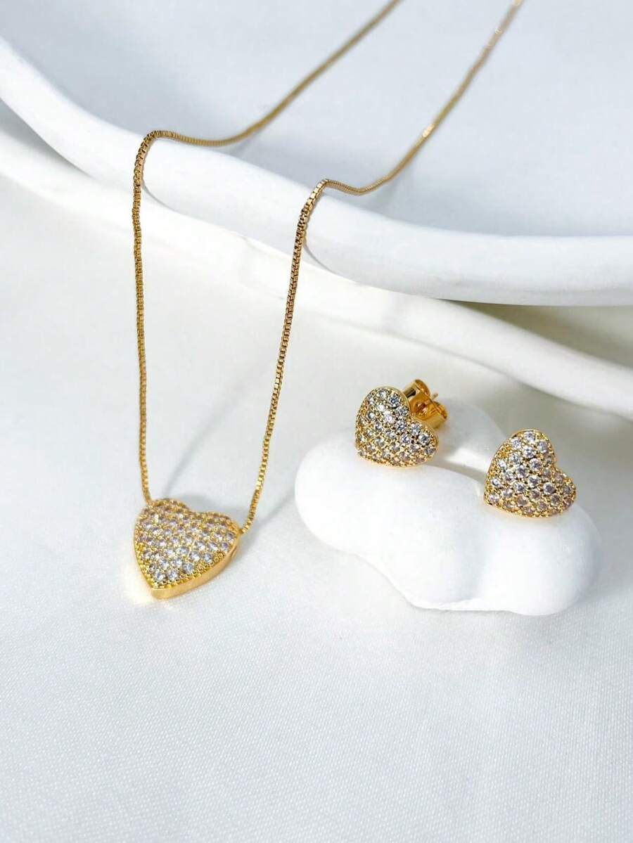 KIT Necklace + Heart Earring In Zirconia For Women, Delicate In 925 SILVER, 18K GOLD - Gold - View 1