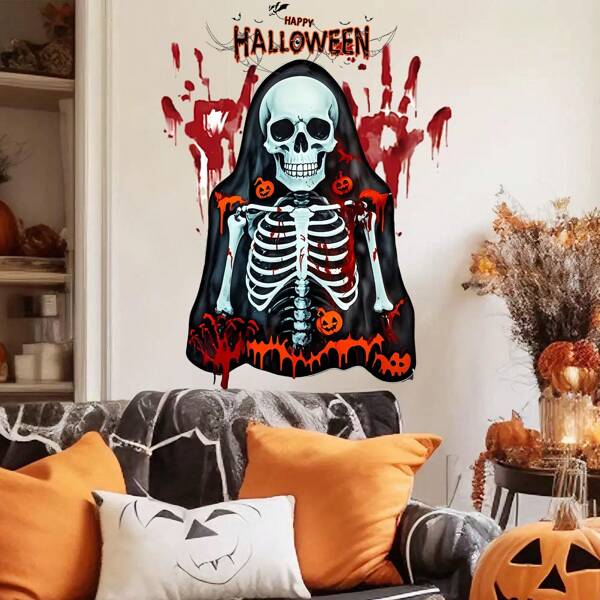 1 pieza Pegatinas nuevas de esqueleto negro de PVC para decoración de habitaciones en Halloween, pegatinas de esqueleto de terror
