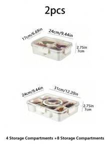 1pc/2pcs Crisper Box With Lid, 4/8/9 Compartments Capacity, Divider Storage Dinner Plate, Divider Storage Box With Handles, Fridge Storage Box With Removable Snack Box, Spice, Dry Ingredients, Candy, Vegetable, Fruit, Nut Storage Box, Kitchen Food Storage Box, Suitable For Family, Travelling, Party, Picnic.