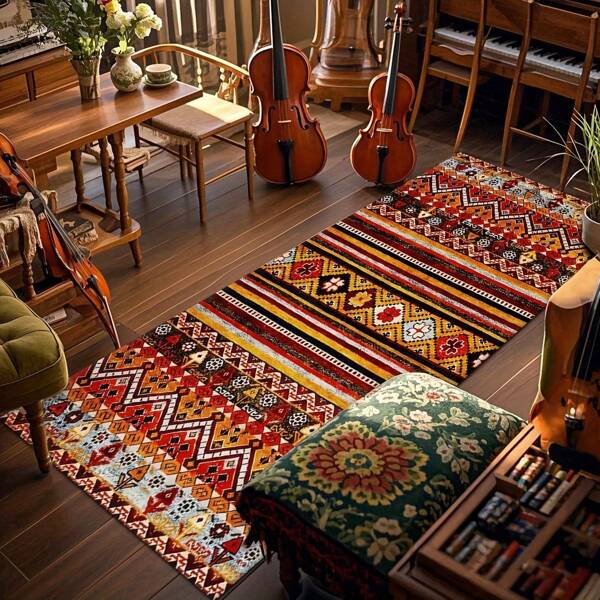 800g/Sqm Thick Long Rectangular Mat With Non-Slip Dot Backing - Vibrant Geometric Retro Pattern Machine Washable Polyester Mat For Living Room, Bedroom, Hallway, Outdoor & Commercial Use, Hallway Runner | Decorative Floor Covering, Mat For Living Room, Luxury Velvet Carpet