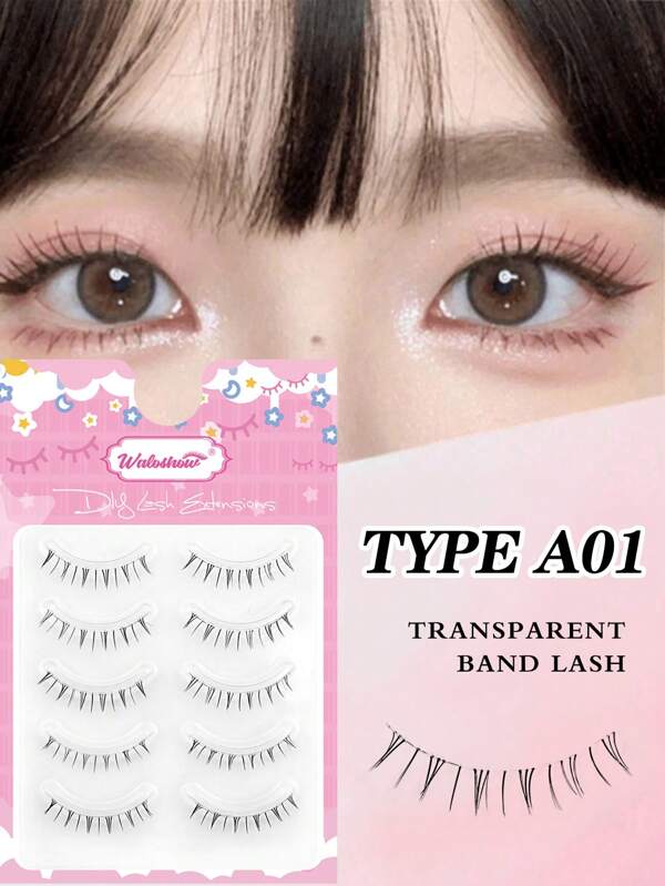 Waloshow Fairy 5 Pairs Air Lash New A-Type False Eyelashes Transparent Stem Manga False Lashes(Random Shipment Of Packaging)