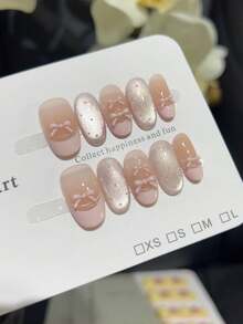 10 件高端粉色法式闪亮玻璃珠，芭蕾女孩风格手工假指甲，这款指甲贴甜美透明，带有蝴蝶结和波尔卡圆点设计，非常适合可爱女孩在假期约会或度假时使用按压指甲美甲用品