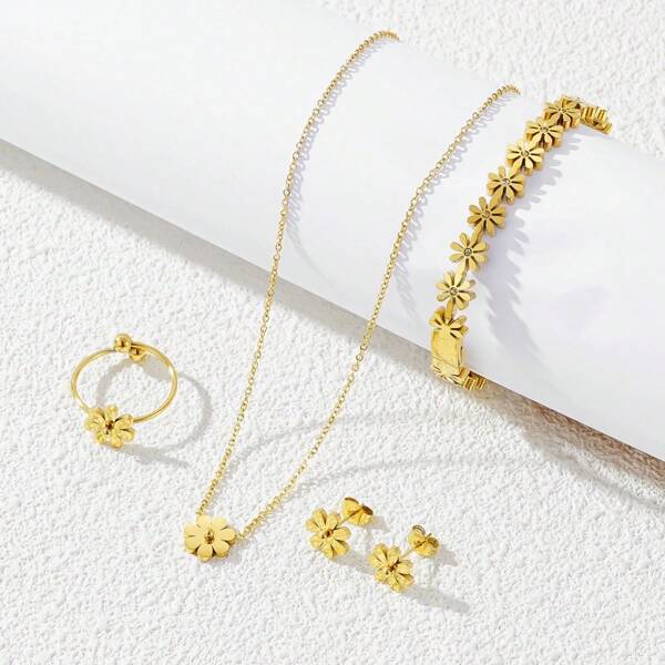 Elegant Stainless Steel Cute Flower Crystal Jewelry Set, Charm Simple Necklace Bracelet Earring And Rings Set For Women, Summer Beach Jewelry Suitable For Webbing Dress, Festivals, Parties Wear