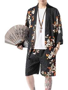 PRIJOUHE Japanese Kimono Men Lightweight Open Front Kimono Bathrobe With Shorts 2 Piece Summer Beach Outfits - màu đen - Xem 5