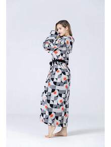Womens Robes  Fleece Hooded Bathrobe Thick Nightgown With Pockets Fluffy Sleepwear - Geometry - 查看 4