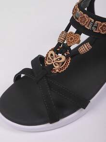 波西米亚经典水钻花朵休闲复古百搭女士坡跟凉鞋，适合海滩