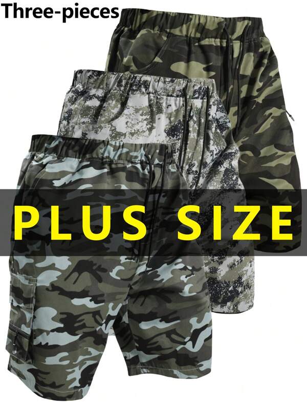 3pcs/Set Plus Size Men's Summer Sports Shorts, Men's Enlarged Zipper Pocket Drawstring Waist Cargo Shorts, Gift For Husband Or Boyfriend