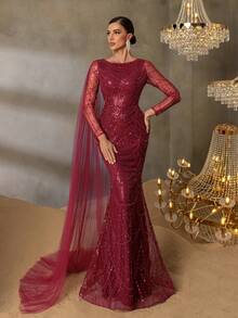 Elisanya Haute Glamour Gorgeou Sheer Sleeves Draped Side Mermaid Hem Beaded Formal Dresses & Evening Gowns - Burgundy - View 4