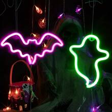 2pcs/Set Bat & Ghost Shaped Neon Sign LED Lights, USB Or Battery Operated, Creative Night Light Ideal For Halloween, Bedroom, Party, Bar, Living Room, Wall Decor