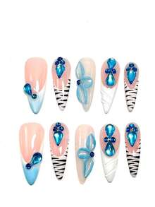 10款手工细高跟美甲，适合春夏季节。以粉色和蓝色为主色调，融合渐变色、斑马纹、立体雕刻（蝴蝶造型）和水钻装饰。Press On Nails 美甲用品