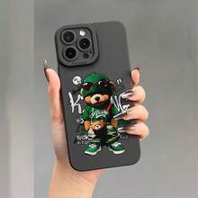 Étui de téléphone doux avec motif d'ours en peluche vert de dessin animé, yeux d'ange, impression UV mate. Protection à 360 degrés pour iPhone 11 12 13 14 15 16 Pro Max XR X/XS 7 8 Plus SE Mini pour smartphone - Noir - Voir 2