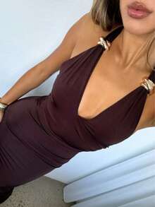 Meidaxexr 1 pièce Robe élégante à dos nu avec croisillons en tissu tricoté unicolore. Convient pour mariage, plage, soirée, anniversaire, gala formel, bal de promo, soirée célibataire, représentation sur scène, festival de musique, invités de mariage - Rouge foncé - Voir 6