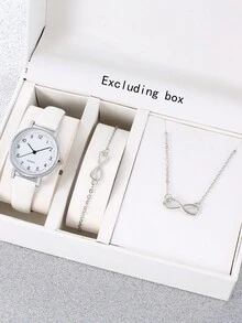 3 件套时尚简约小巧表盘皮革表带女士石英表 + 手链 + 项链套装 - 白色 - 查看 1