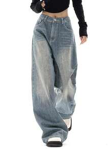 Jeans For Women Wide Leg Baggy Jeans High Waist Y2K Cargo Pants Casual Loose Boyfriends Trousers Vintage Streetwear - Màu xanh cổ điển - Xem 2