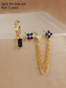 3Pcs Exquisite Hoop Earring Stud Sets For Women Flower Cartilage Piercing Earrings Fashion Jewelry, Hypoallergenic Gold Dark Blue Dangle Earrings Dainty Small Long Chain Earring