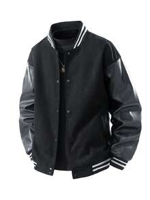 Chaqueta deportiva casual y versátil con cuello de béisbol de PU y parches, adecuada para estudiantes, un gran regalo para el novio