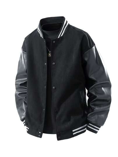 Chaqueta deportiva casual y versátil con cuello de béisbol de PU y parches, adecuada para estudiantes, un gran regalo para el novio