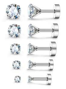 JewelrieShop Pendientes de botón de 16G 6mm, pendientes de espalda plana de acero inoxidable, cristal CZ de 3mm-7mm, circonita cúbica, 5 pares, unisex