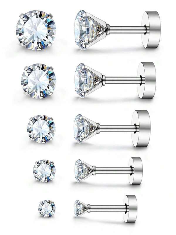 JewelrieShop 16G 6mm Stud Earrings, Stainless Steel Flat Back Earrings, 3mm-7mm CZ Crystal, Cubic Zirconia, 5 Pairs, Unisex