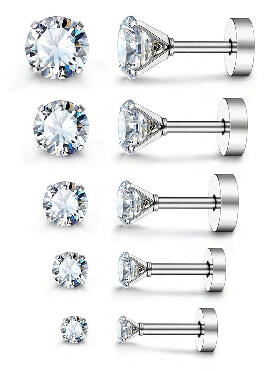 JewelrieShop Pendientes de botón de 16G 6mm, pendientes de espalda plana de acero inoxidable, cristal CZ de 3mm-7mm, circonita cúbica, 5 pares, unisex