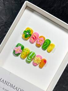 10片/套欧美风格短发指甲，3D热带花卉雕刻设计，手绘渐变扎染六边形奢华手工可穿戴指甲，Y2K坏女孩风格，优雅大方，适合女士和女孩佩戴。按压式指甲美甲用品 - 彩色 - 查看 5