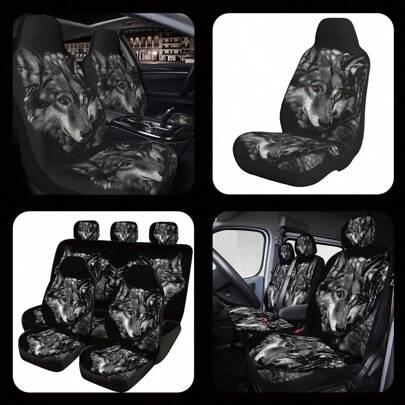 Black Wolf Full Coverage Car Seat Cover, Suitable For Sedan, SUV, Truck, Fits Single/Double/3/5 Seats, All-Season Durable Fabric