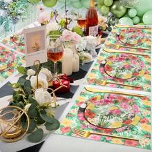 133-Piece Flamingo Hawaiian-Themed Party Disposable Tableware Set, Including Napkins, Plates, Cups, Tablecloths, Knives, Forks And Spoons Printed With Tropical Plant Patterns, Suitable For A Summer Birthday Party For 16 Guests. - 顏色 - 查看 9