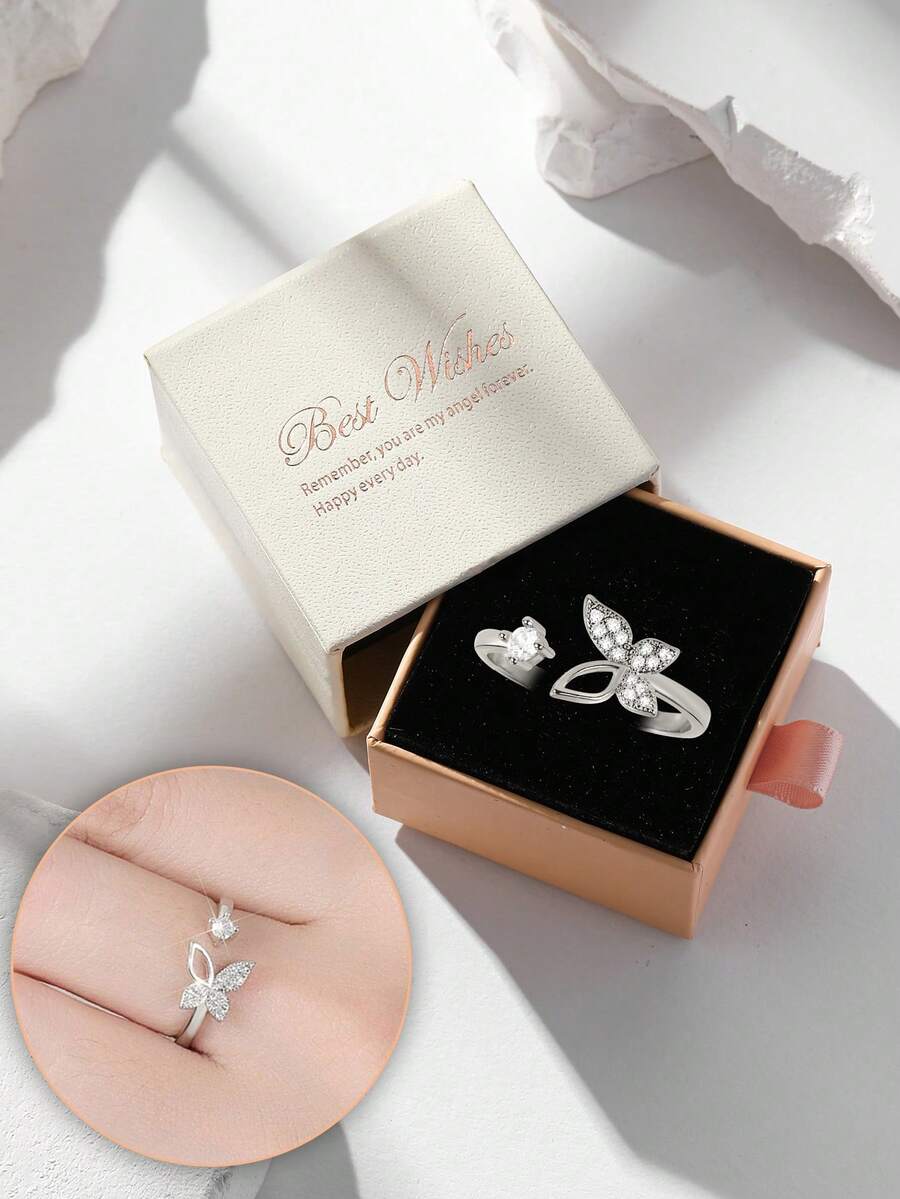 Gift Box Delicate Hollow Butterfly Cubic Zirconia Open Ring, Suitable For Women Wedding Party Wear And Gifting - Silver - View 1