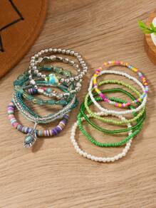 11 Peças/Conjunto Pulseira Elástica Multicamadas de Mulher com Contas, Pulseira Elegante e da Moda para Uso Diário