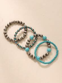 4pcs/Set Bohemian Multi-Layer Stretch Cord Bracelets, Vintage Style Green Beaded Chain Bracelet, Women's Casual, Versatile Daily, Party And Travel Jewelry