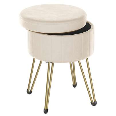 SONGMICS Puff Almacenaje, Baúl Almacenaje, Banco Almacenaje Redondo, Taburete de Tocador de Terciopelo, 39 x 44.4 cm, Blanco Crema MLOM003W01