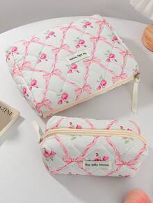 1Pc/Set Bow Knot & Rose Design Quilting Cosmetic Bag, Fashionable Portable Makeup Bag, Multi-Functional Storage Bag For Lipstick, Sanitary Napkin, Coins, Keys Etc, Large Capacity Lovely Wash Bag For Travel Organizer Cosmetic Bag For Travel, Mother's Day Gift , Valentine's Day - Multicolor - View 12
