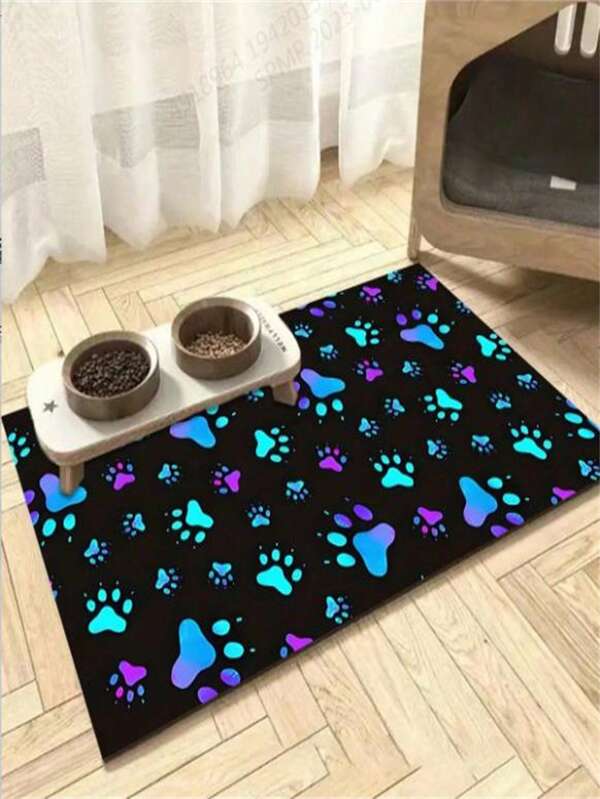 1pc Colorful Paw Print Pet Feeding Mat, Quick Dry Pet Dog Cat Food Bowl Pad, Washable Placemat, Suitable For Pet Cage And All Seasons