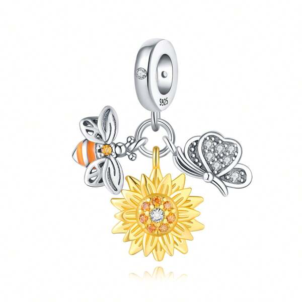 Orstarry 1 Pc S925 Sterling Silver Cute Bee Sunflower Butterfly Pendant, Shiny Commuter Casual Accessory, Suitable For DIY Bracelet Jewelry Making, Suitable For Women, Gift Memorial Gift Birthday Gift