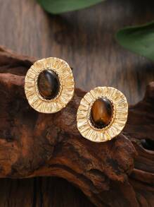 Brincos femininos elegantes retrô de aço inoxidável cáqui e malva - com grande design central de pedra olho de gato cáqui, série Fashion Queen, versáteis para uso diário e ocasiões sofisticadas, presente exclusivo