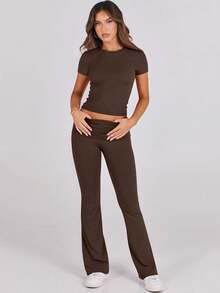 ANRABESS Lounge Sets For Women 2 Piece Foldover Yoga Flare Leggings Pants Crop Tops Casual Y2K Outfits Matching Tracksuit Set - 綠湖 - 查看 11