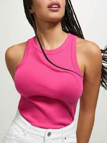 1pc Plain Knitted Fabric Ribbed Elastic Ice Silk Strap Tank Top, Suitable For Beach, Sports, Daily, Home, Spring/Summer/Autumn