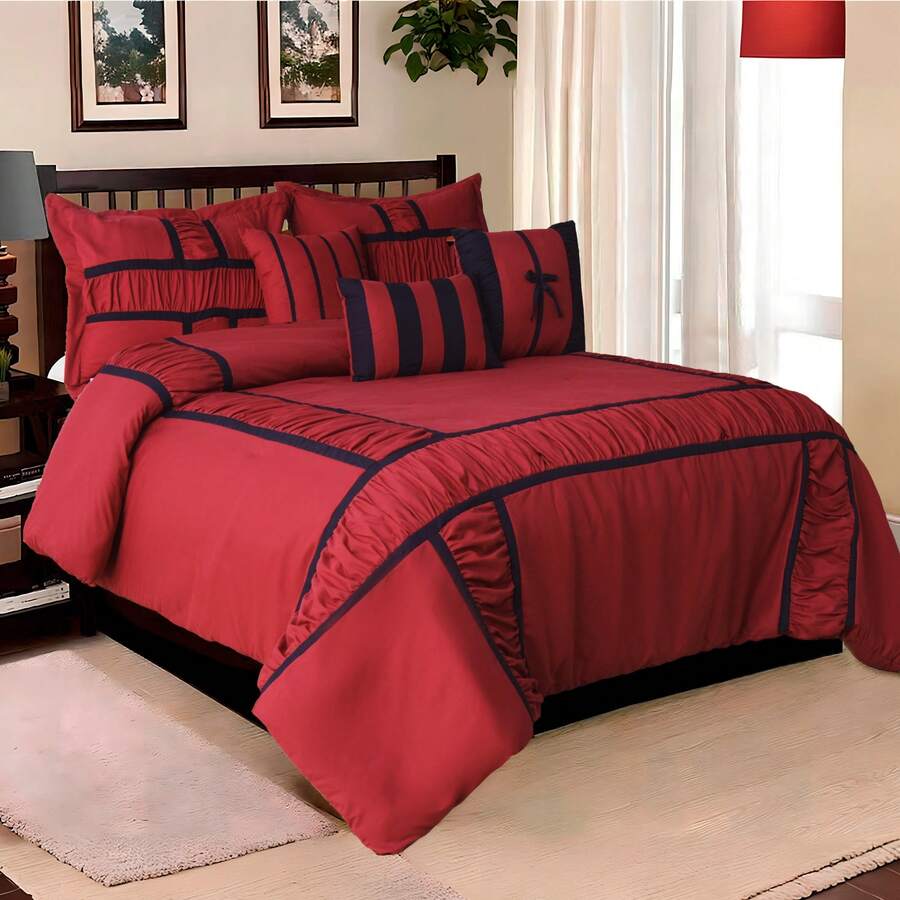 7 Pieces Comforter Set, Luxury Ruched Design Bed In A Bag For Bedroom, 1 Comforter, 2 Pillowcases, 3 Decor Pillows, 1 Bedskirt - 酒紅色 - 查看 1