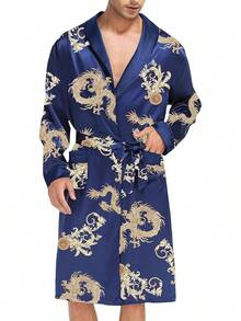 SWOMOG Men's Satin Robe With Shorts Set Silky Kimono Bathrobe Lightweight Soft Sleepwear - 藍龍 - 查看 2